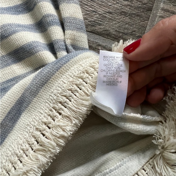 J Jill 100% Cotton Blouse with fringe detail, White and blue striped, Women’s M - Picture 5 of 9
